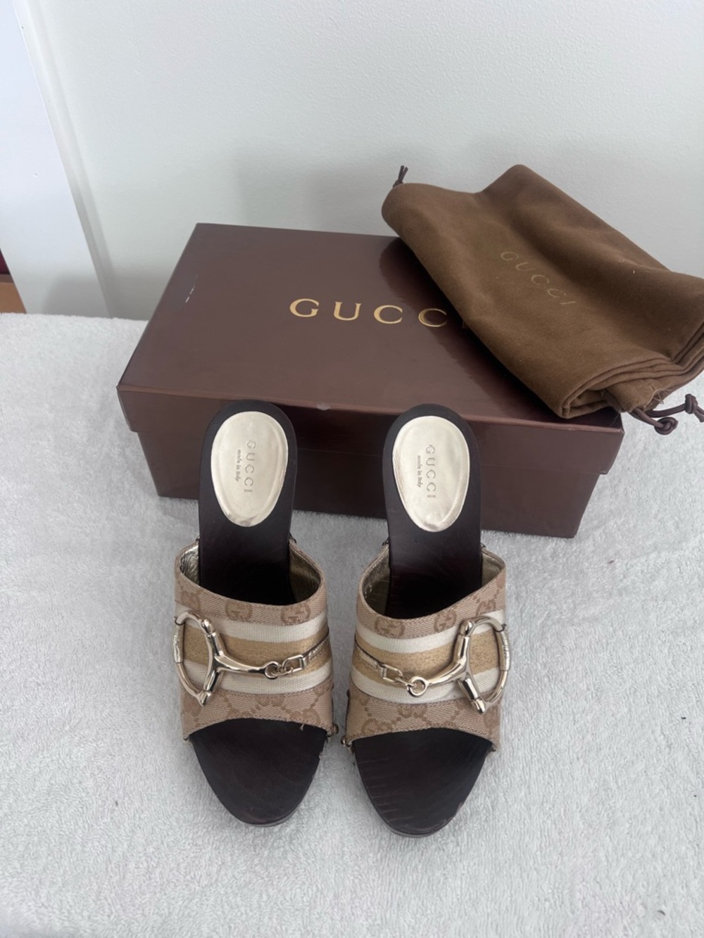 Gucci Beige Brown Canvas Horsebit Slide Mules